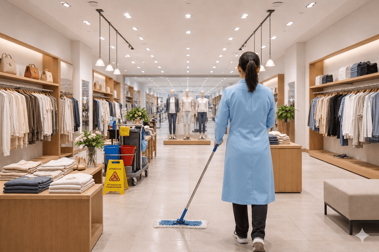Addetta alle pulizie professionali di Cooplar mentre lava il pavimento di uno showroom